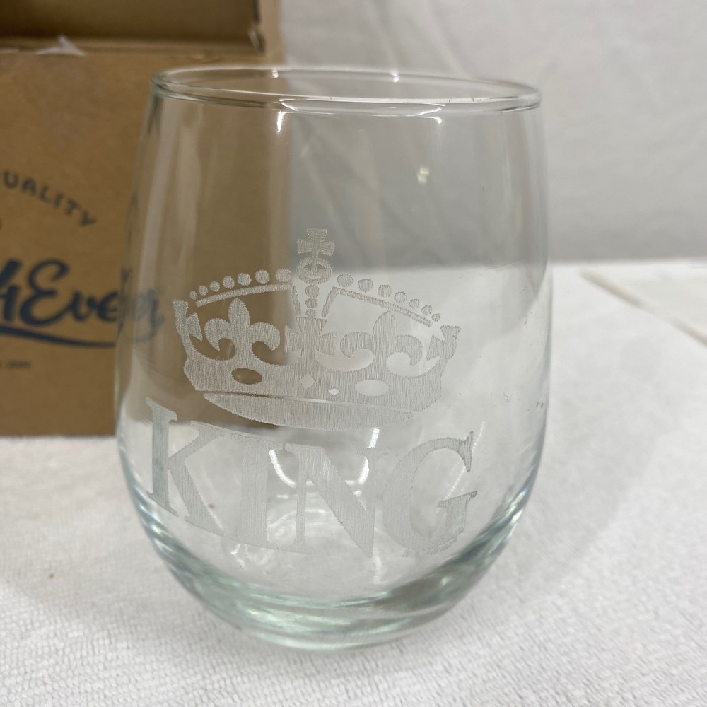 Shop4Ever King Crown Etched Stemless Wine Glass Clear Glass Royal Barware Gift